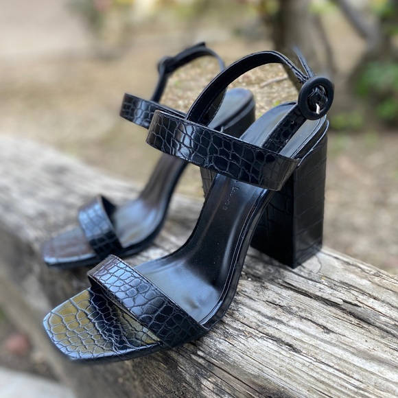 Black Croc Embossed Single Strap Chunky Heels - Picture 3 of 8